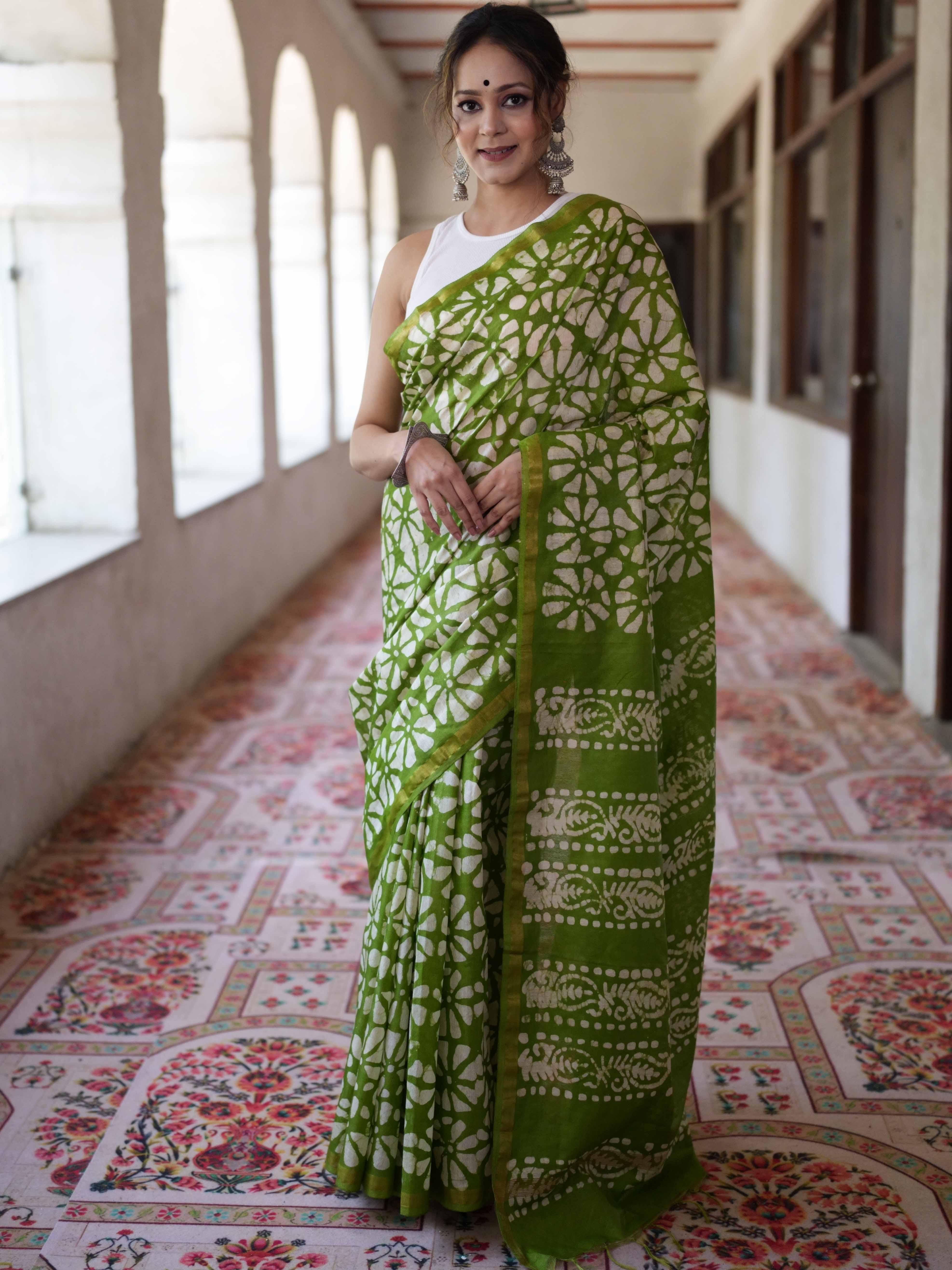 Bhagalpur Handloom Pure Linen Cotton Batik Pattern Saree-Light Green
