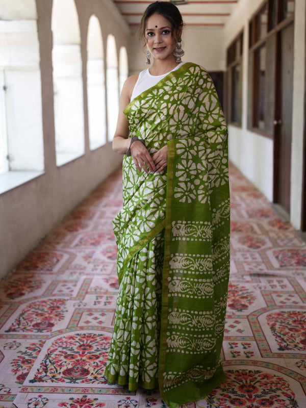 Bhagalpur Handloom Pure Linen Cotton Batik Pattern Saree-Light Green