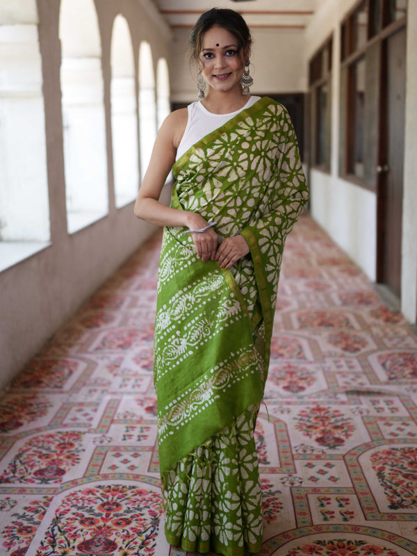 Bhagalpur Handloom Pure Linen Cotton Batik Pattern Saree-Light Green