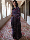 Banarasee Handwoven Satin Block Printed Saree-Black