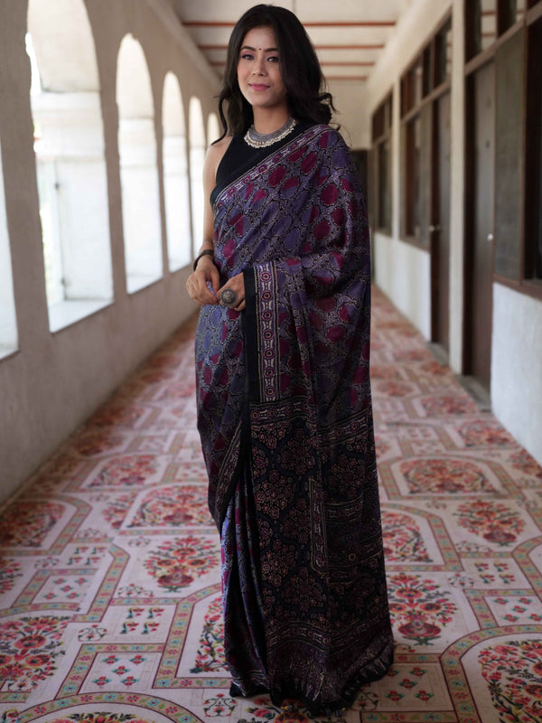 Banarasee Handwoven Satin Block Printed Saree-Black