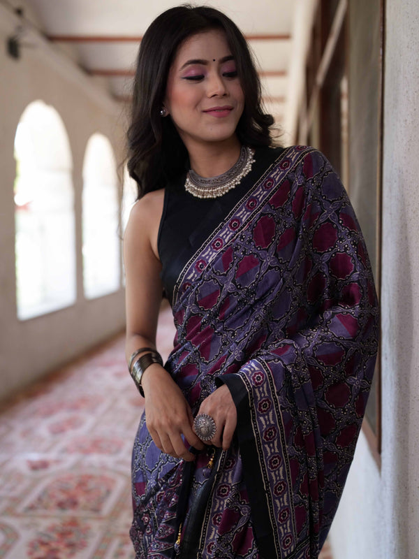 Banarasee Handwoven Satin Block Printed Saree-Black