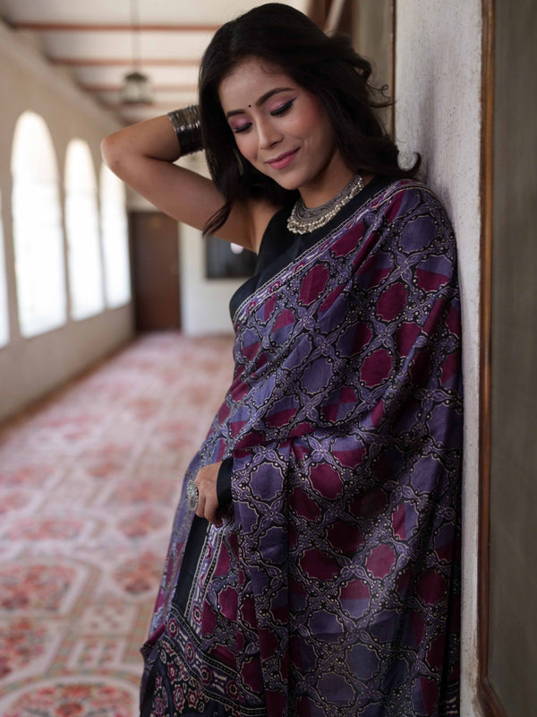 Banarasee Handwoven Satin Block Printed Saree-Black