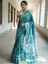 Bhagalpur Handloom Pure Linen Cotton Batik Pattern Saree-Teal Green