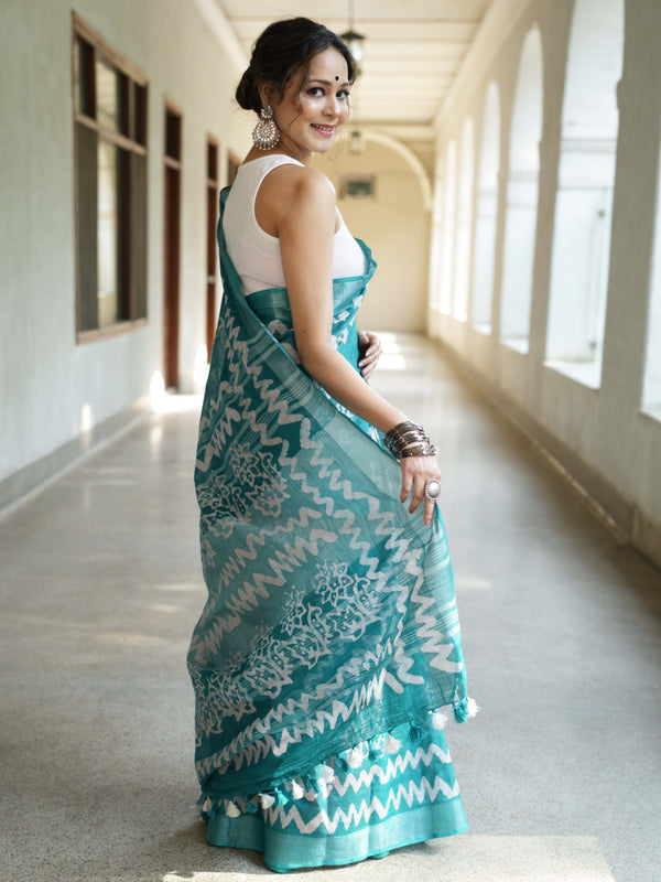 Bhagalpur Handloom Pure Linen Cotton Batik Pattern Saree-Teal Green