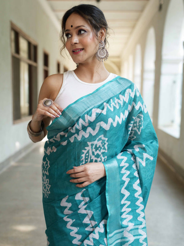 Bhagalpur Handloom Pure Linen Cotton Batik Pattern Saree-Teal Green