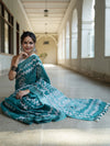 Bhagalpur Handloom Pure Linen Cotton Batik Pattern Saree-Teal Green