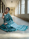 Bhagalpur Handloom Pure Linen Cotton Batik Pattern Saree-Teal Green