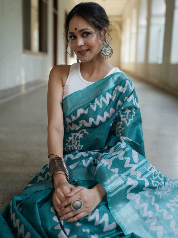 Bhagalpur Handloom Pure Linen Cotton Batik Pattern Saree-Teal Green