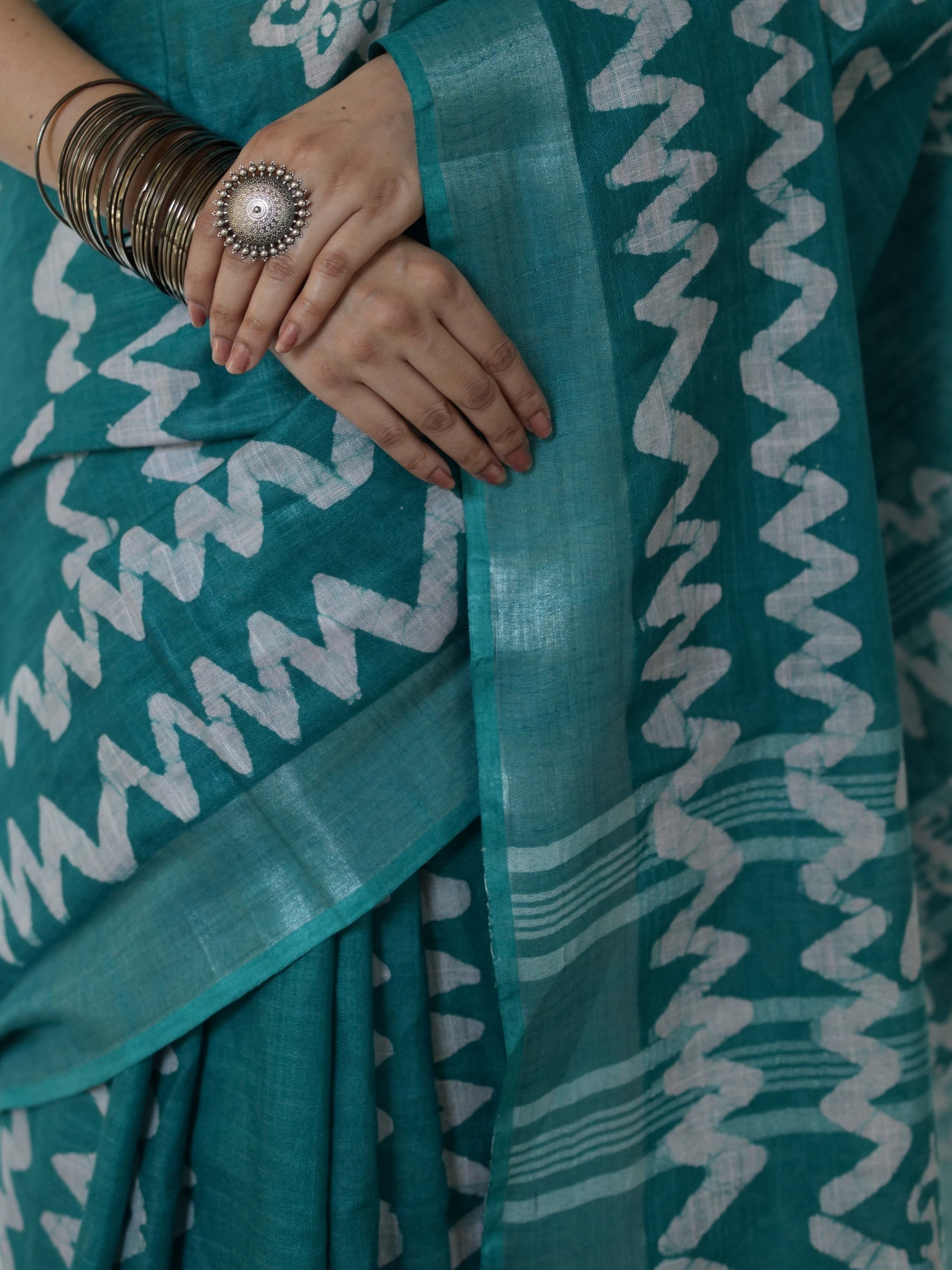 Bhagalpur Handloom Pure Linen Cotton Batik Pattern Saree-Teal Green