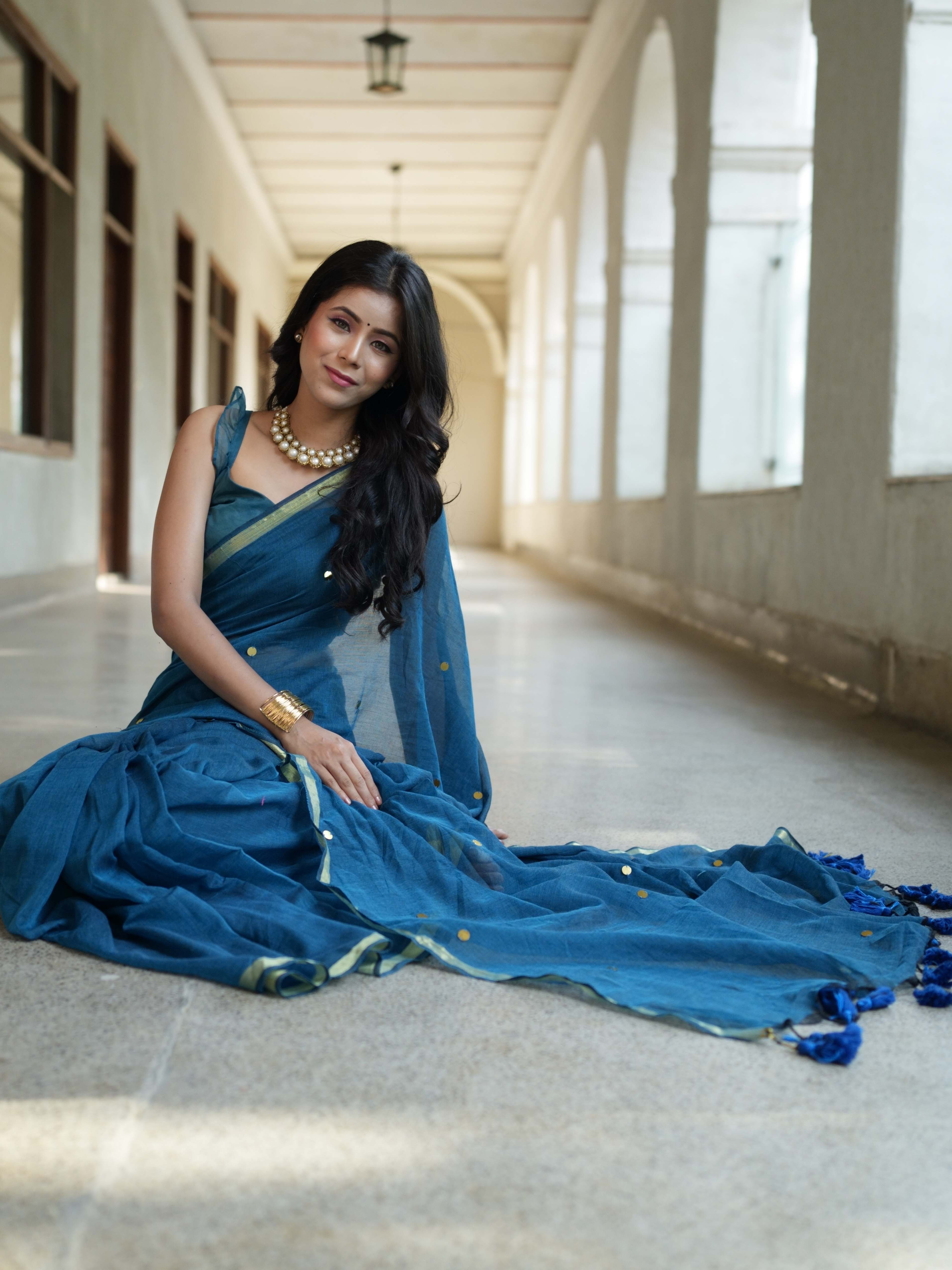 Handloom Mul Cotton Saree With Mirror Work Gold Zari Border-Cobalt Blue
