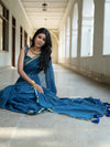 Handloom Mul Cotton Saree With Mirror Work Gold Zari Border-Cobalt Blue