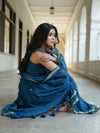 Handloom Mul Cotton Saree With Mirror Work Gold Zari Border-Cobalt Blue
