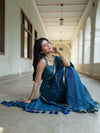 Handloom Mul Cotton Saree With Mirror Work Gold Zari Border-Cobalt Blue