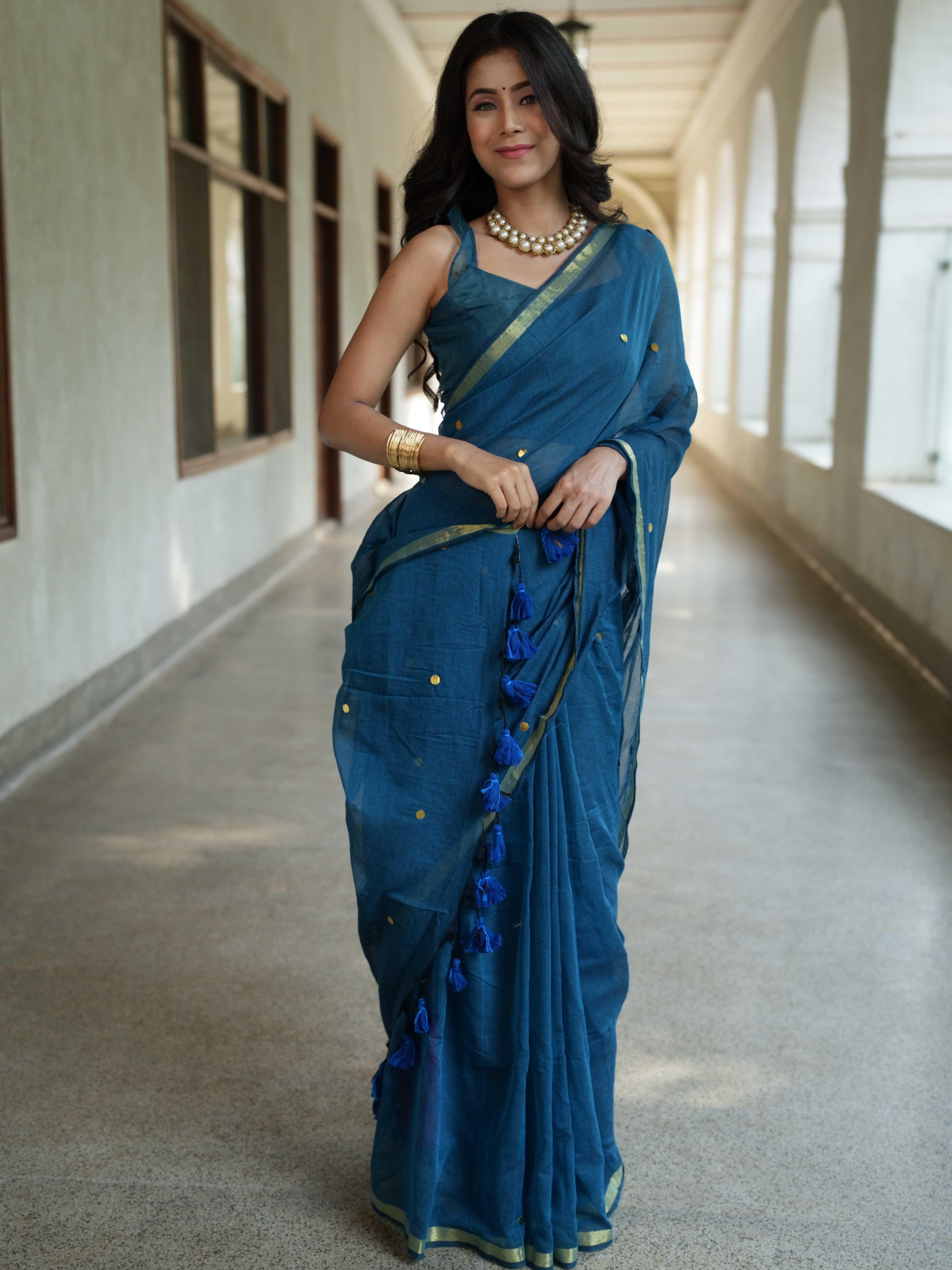 Handloom Mul Cotton Saree With Mirror Work Gold Zari Border-Cobalt Blue