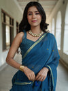 Handloom Mul Cotton Saree With Mirror Work Gold Zari Border-Cobalt Blue