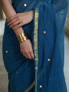 Handloom Mul Cotton Saree With Mirror Work Gold Zari Border-Cobalt Blue