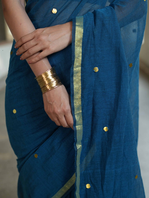 Handloom Mul Cotton Saree With Mirror Work Gold Zari Border-Cobalt Blue