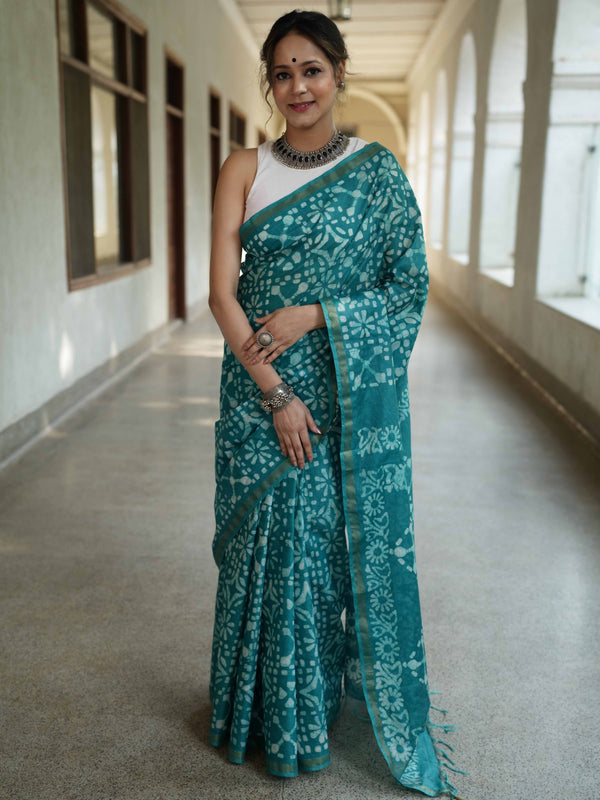 Bhagalpur Handloom Pure Linen Cotton Batik Pattern Saree-Teal Green