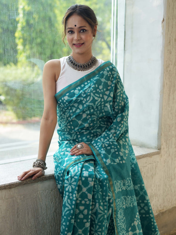 Bhagalpur Handloom Pure Linen Cotton Batik Pattern Saree-Teal Green
