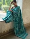 Bhagalpur Handloom Pure Linen Cotton Batik Pattern Saree-Teal Green