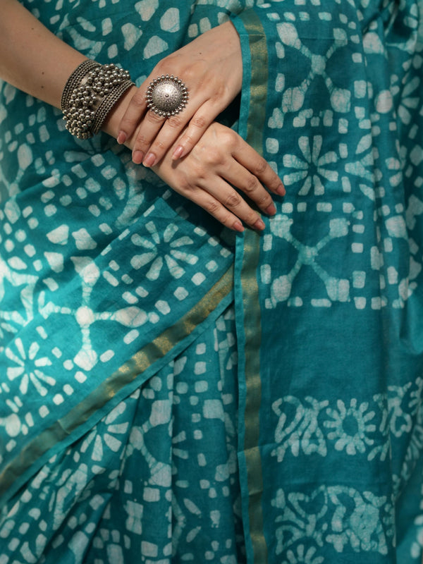 Bhagalpur Handloom Pure Linen Cotton Batik Pattern Saree-Teal Green