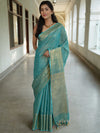 Banarasee Handloom Linen Saree With Mirror Work-Green