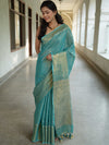 Banarasee Handloom Linen Saree With Mirror Work-Green