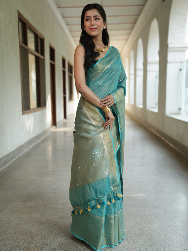 Banarasee Handloom Linen Saree With Mirror Work-Green