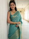 Banarasee Handloom Linen Saree With Mirror Work-Green