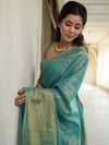 Banarasee Handloom Linen Saree With Mirror Work-Green