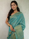 Banarasee Handloom Linen Saree With Mirror Work-Green