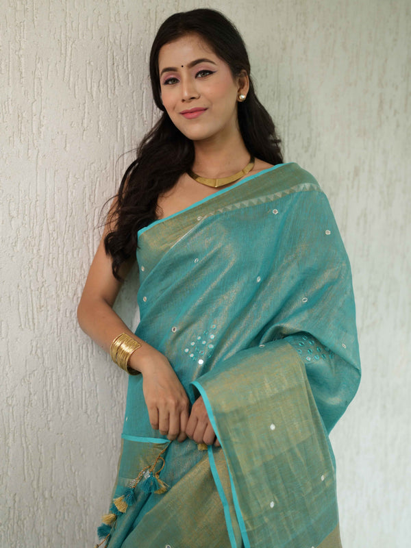 Banarasee Handloom Linen Saree With Mirror Work-Green