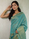 Banarasee Handloom Linen Saree With Mirror Work-Green
