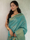 Banarasee Handloom Linen Saree With Mirror Work-Green