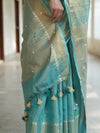 Banarasee Handloom Linen Saree With Mirror Work-Green