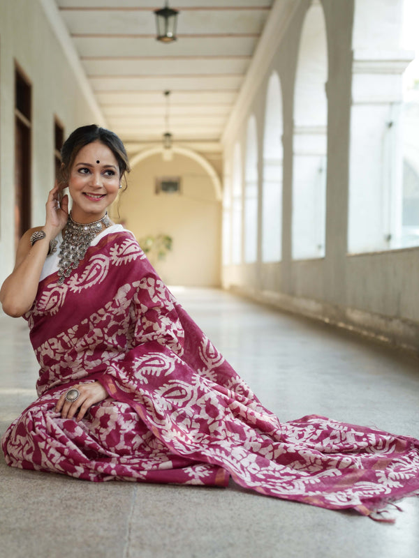 Bhagalpur Handloom Pure Linen Cotton Batik Pattern Saree-Magenta