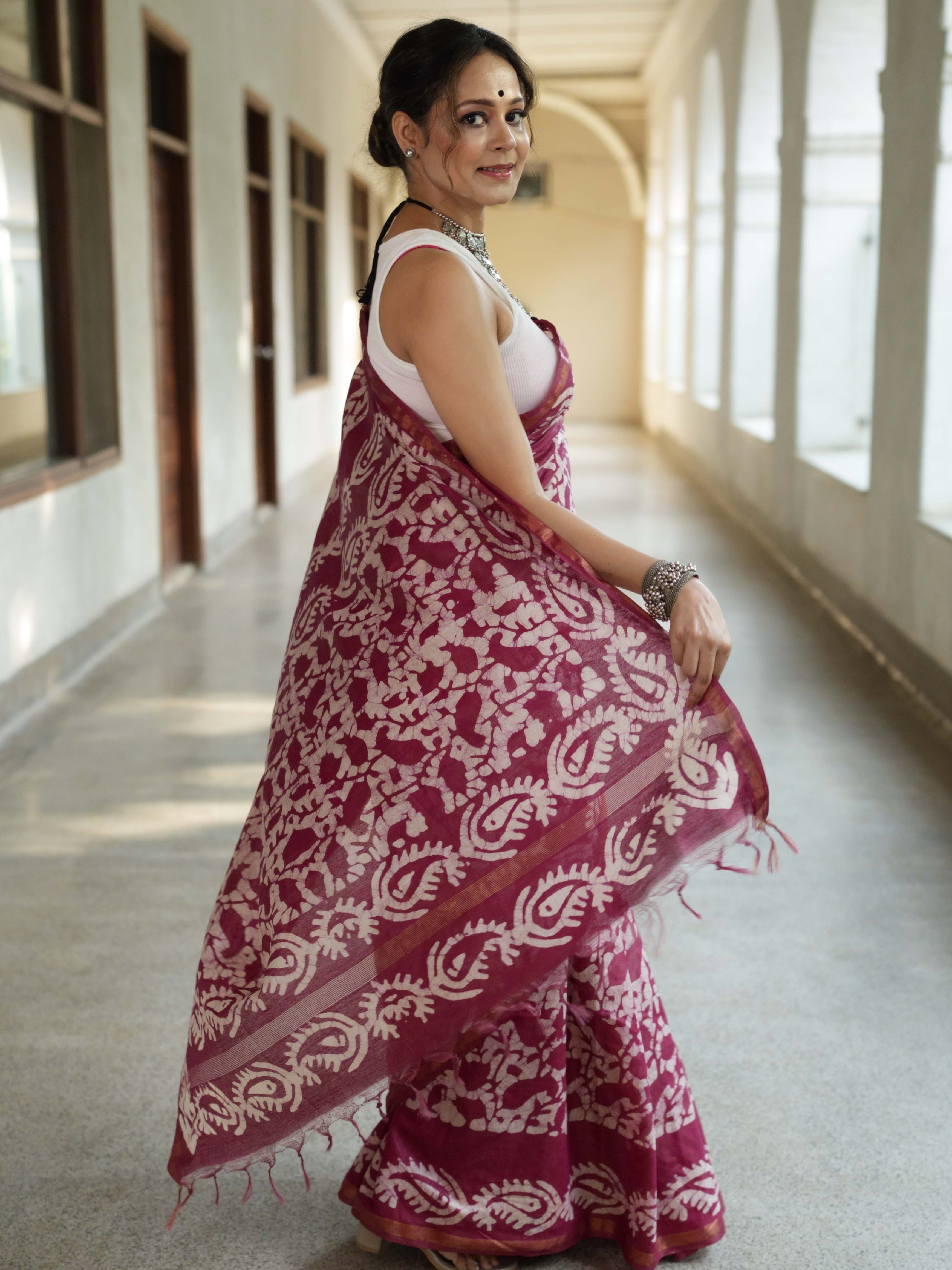 Bhagalpur Handloom Pure Linen Cotton Batik Pattern Saree-Magenta