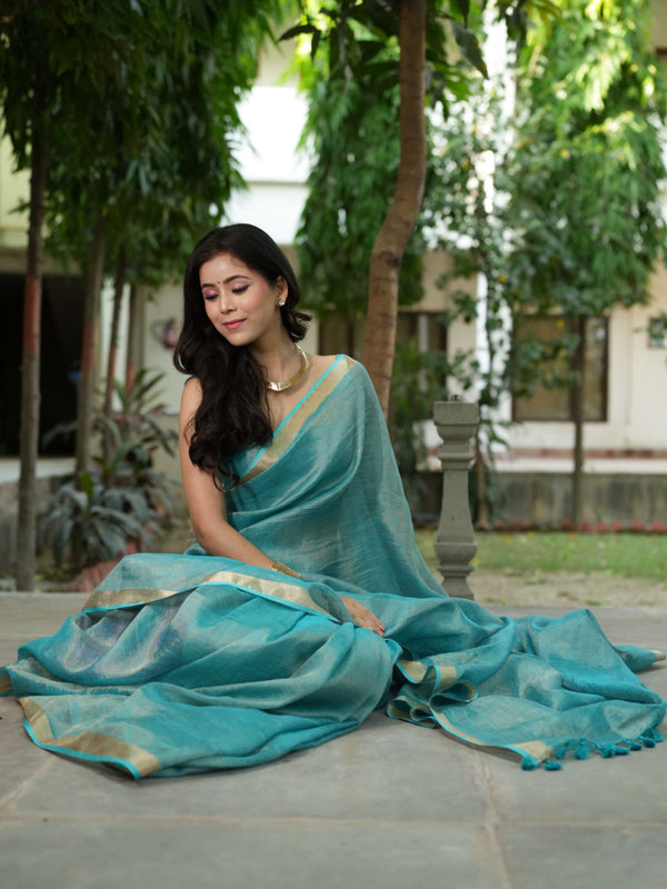Banarasee Handloom Linen By Tissue Metallic Shine Saree-Green