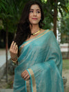 Banarasee Handloom Linen By Tissue Metallic Shine Saree-Green