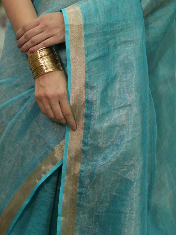 Banarasee Handloom Linen By Tissue Metallic Shine Saree-Green