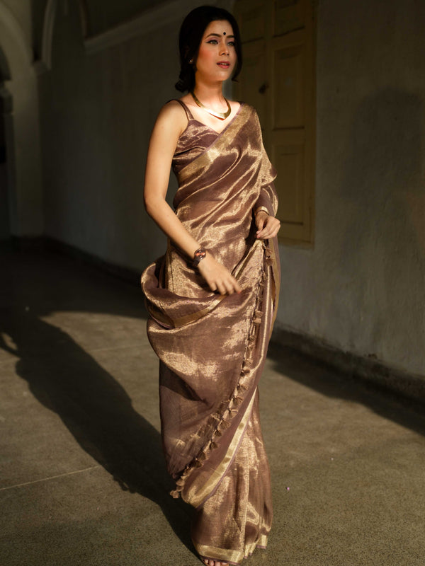 Banarasee Handloom Linen By Tissue Metallic Shine Saree-Earthy Brown