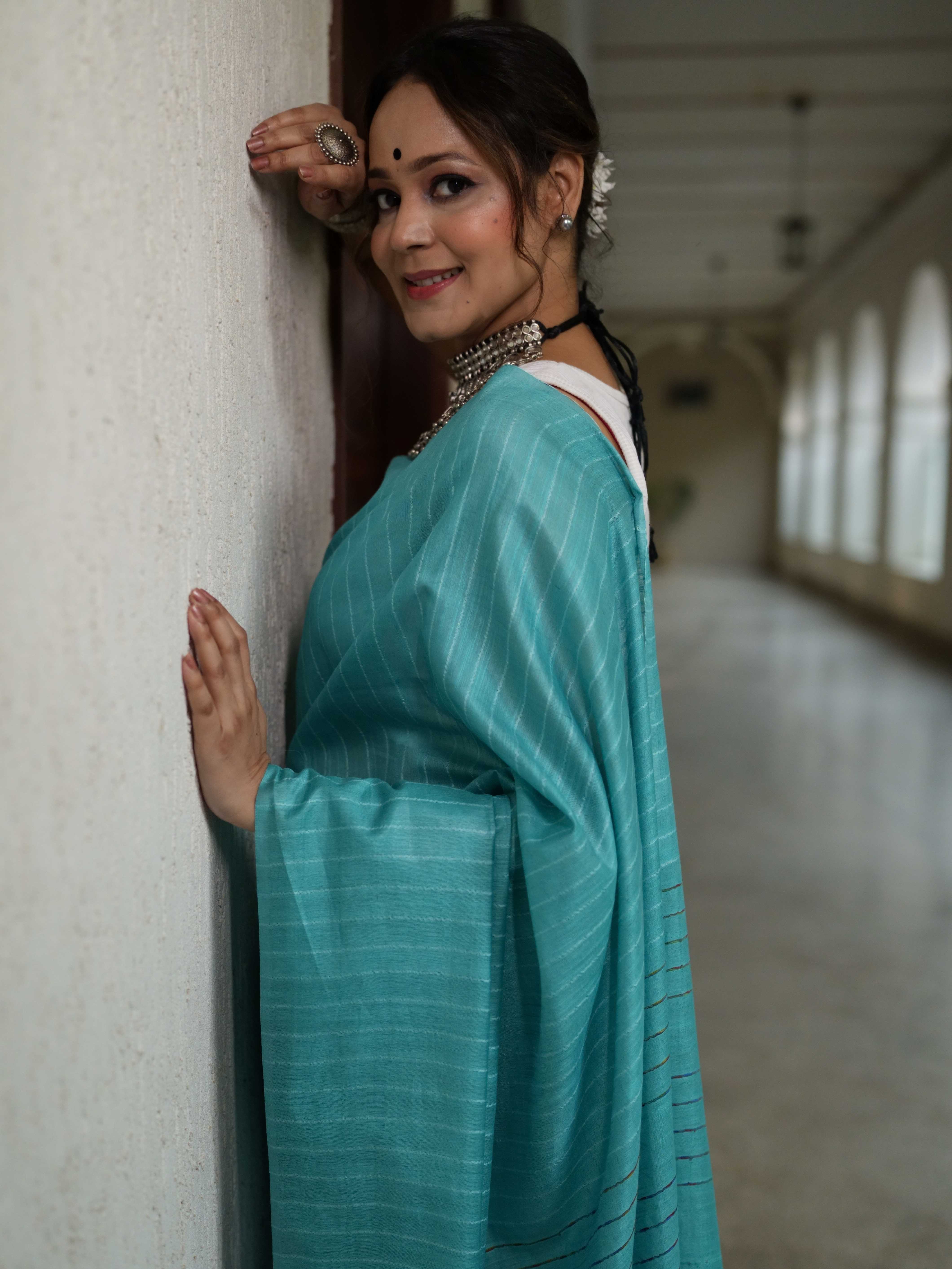 Bhagalpur Cotton Silk Ghichha Work Saree-Light Blue