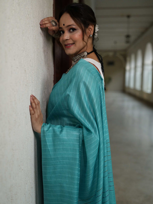 Bhagalpur Cotton Silk Ghichha Work Saree-Light Blue