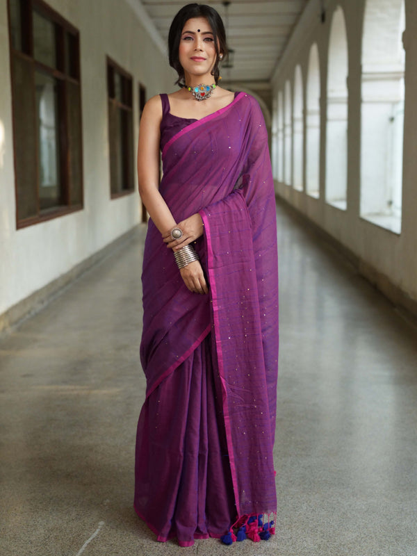 Handloom Mul Cotton Saree With Sequin Work-Purple