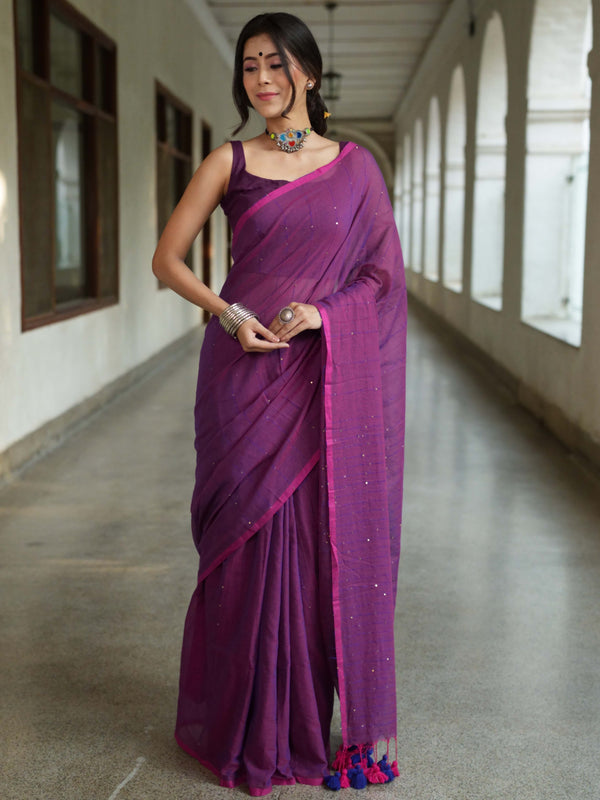 Handloom Mul Cotton Saree With Sequin Work-Purple
