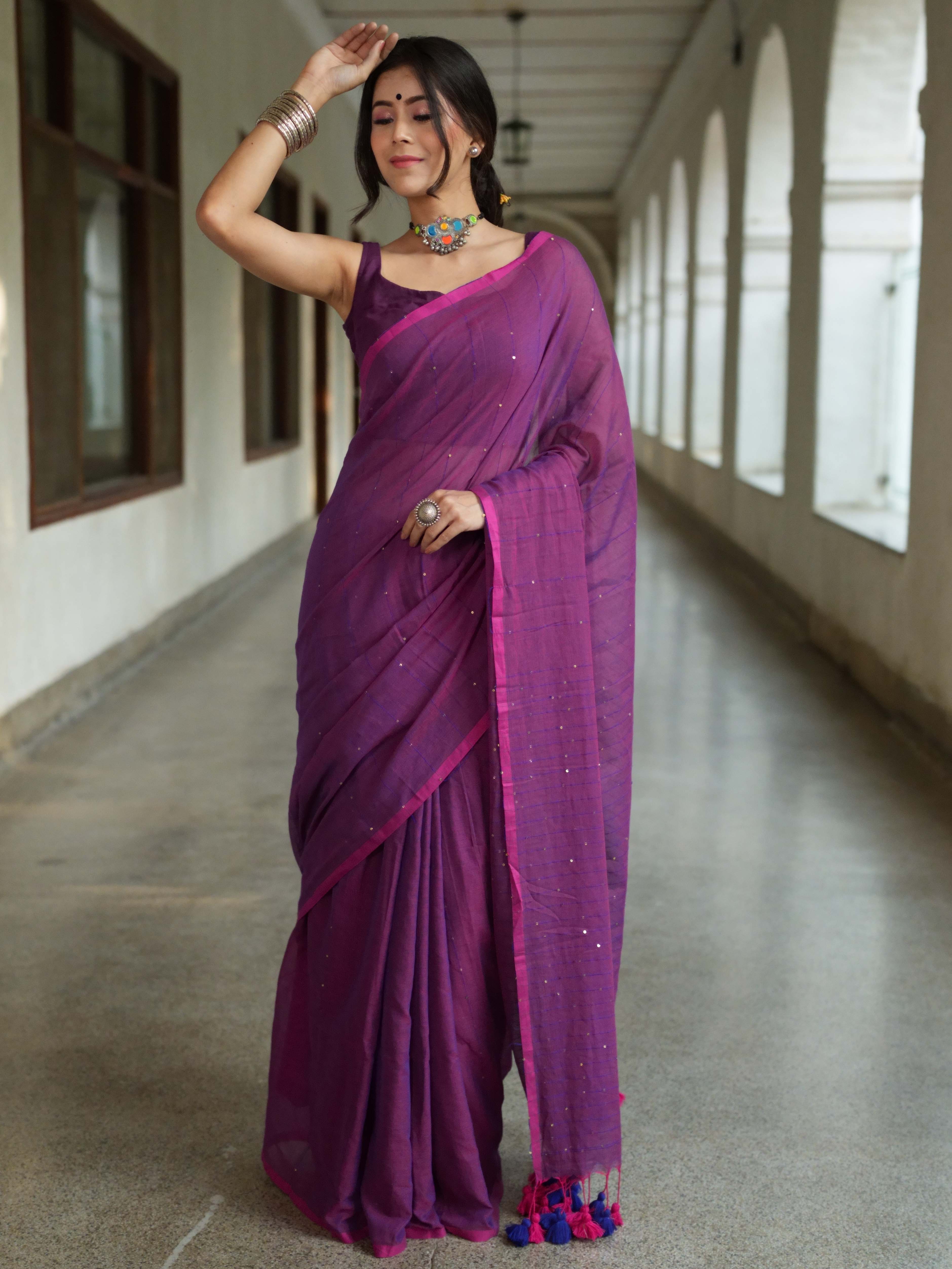 Handloom Mul Cotton Saree With Sequin Work-Purple