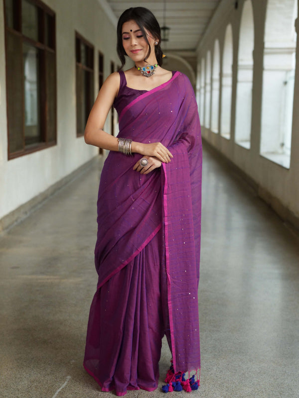 Handloom Mul Cotton Saree With Sequin Work-Purple