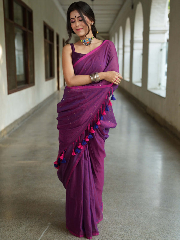 Handloom Mul Cotton Saree With Sequin Work-Purple