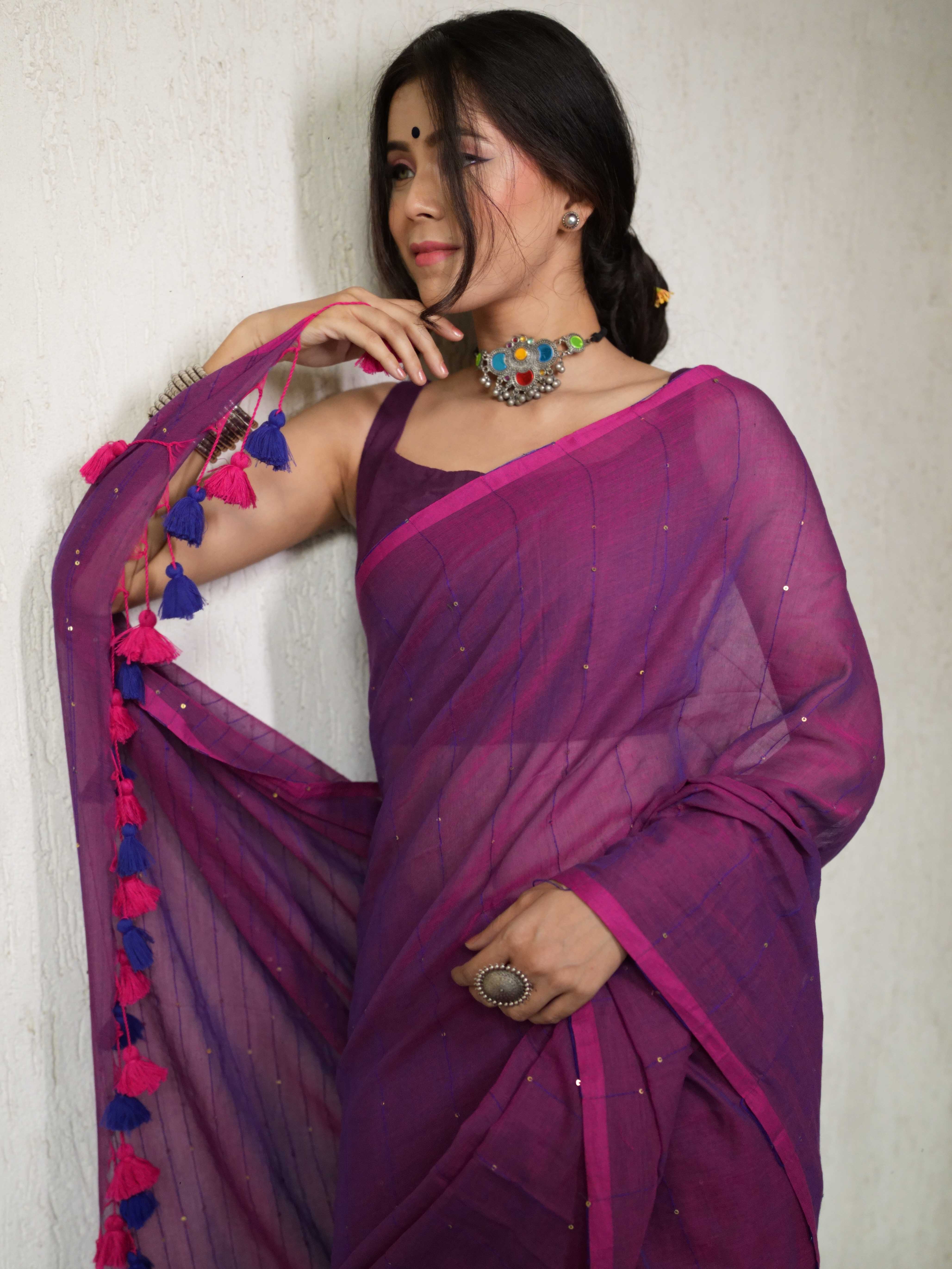 Handloom Mul Cotton Saree With Sequin Work-Purple